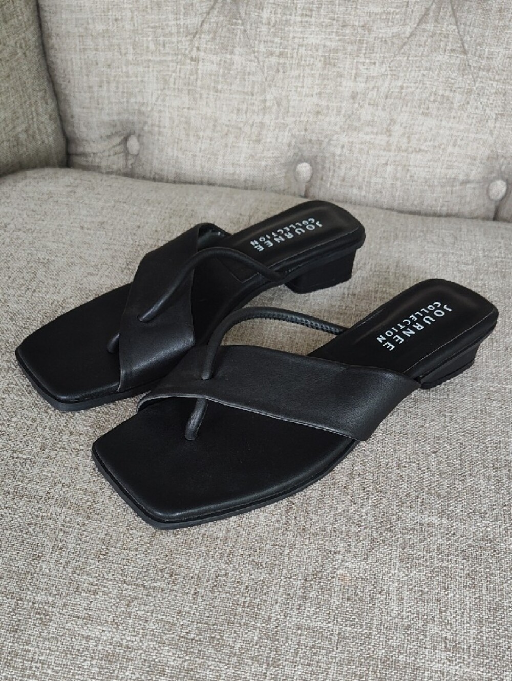 Journee Collection Black Leather Cross-Strap Square-Toe Slide Sandals